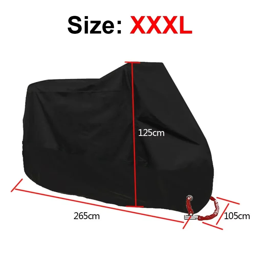 Housse universelle noire pour moto, taille XXXL, avec des dimensions de 265cm et 105cm.