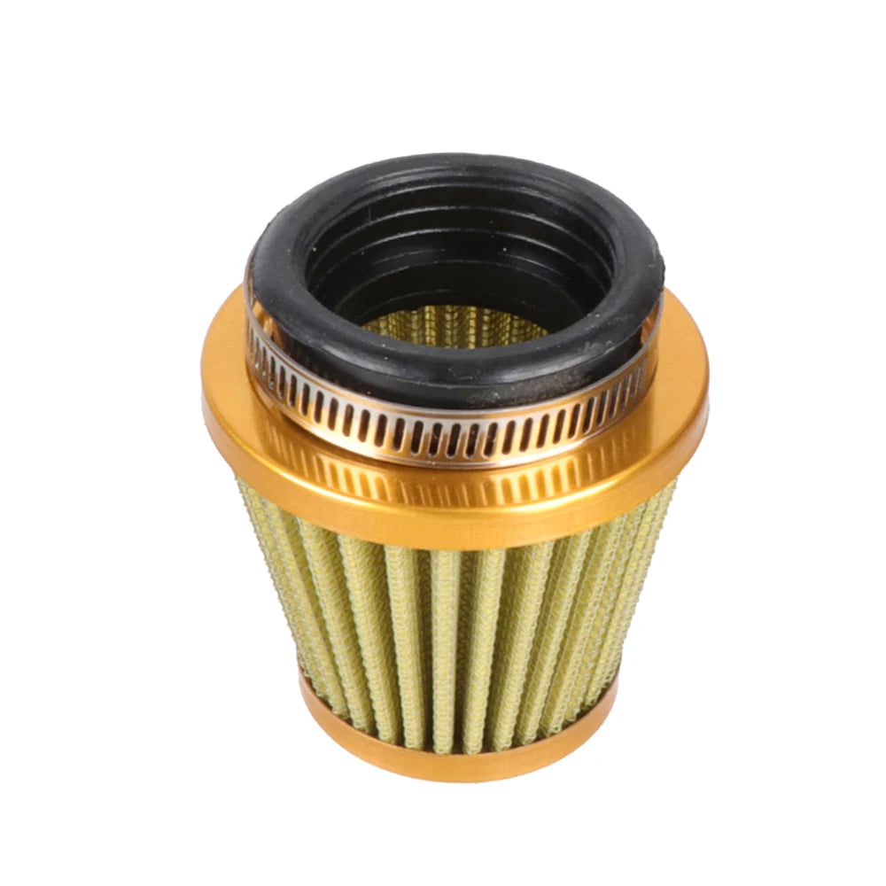 Kit d'induction de filtre à air universel pour moto, avec boîtier en laiton et élément filtrant jaune plissé.