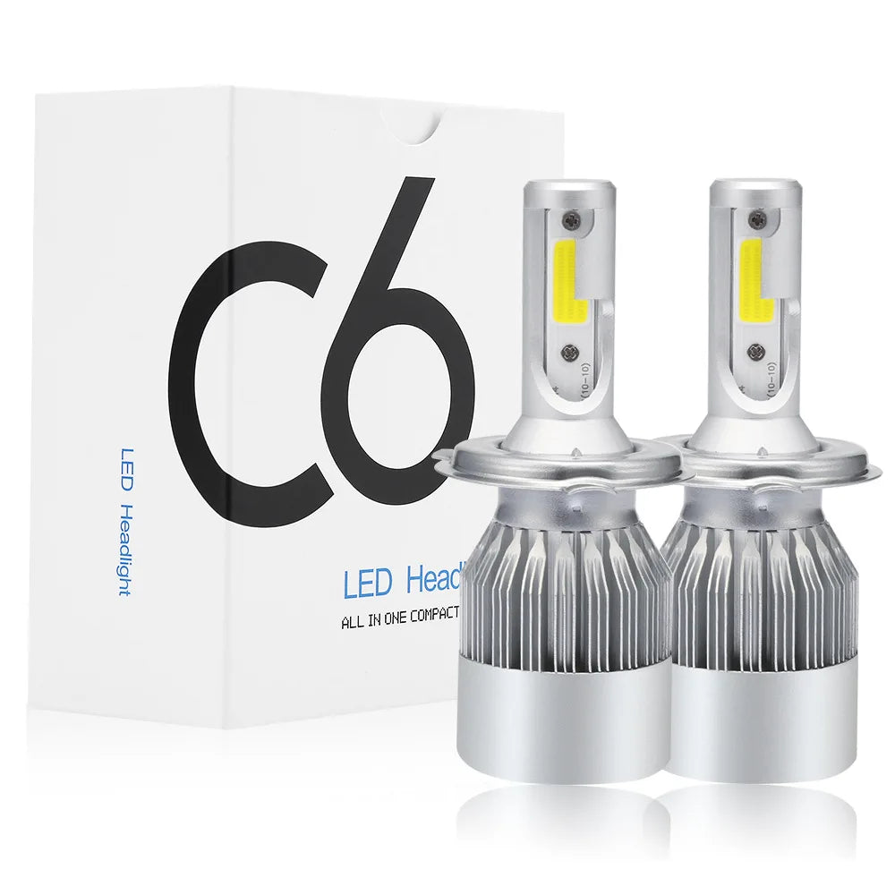 A box and two LED headlight bulbs are shown, highlighting the compact design of high-performance car headlight bulbs.