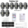 Packing list showing strobe lights, rubber band, velcro, remote, and an upgraded USB cable.