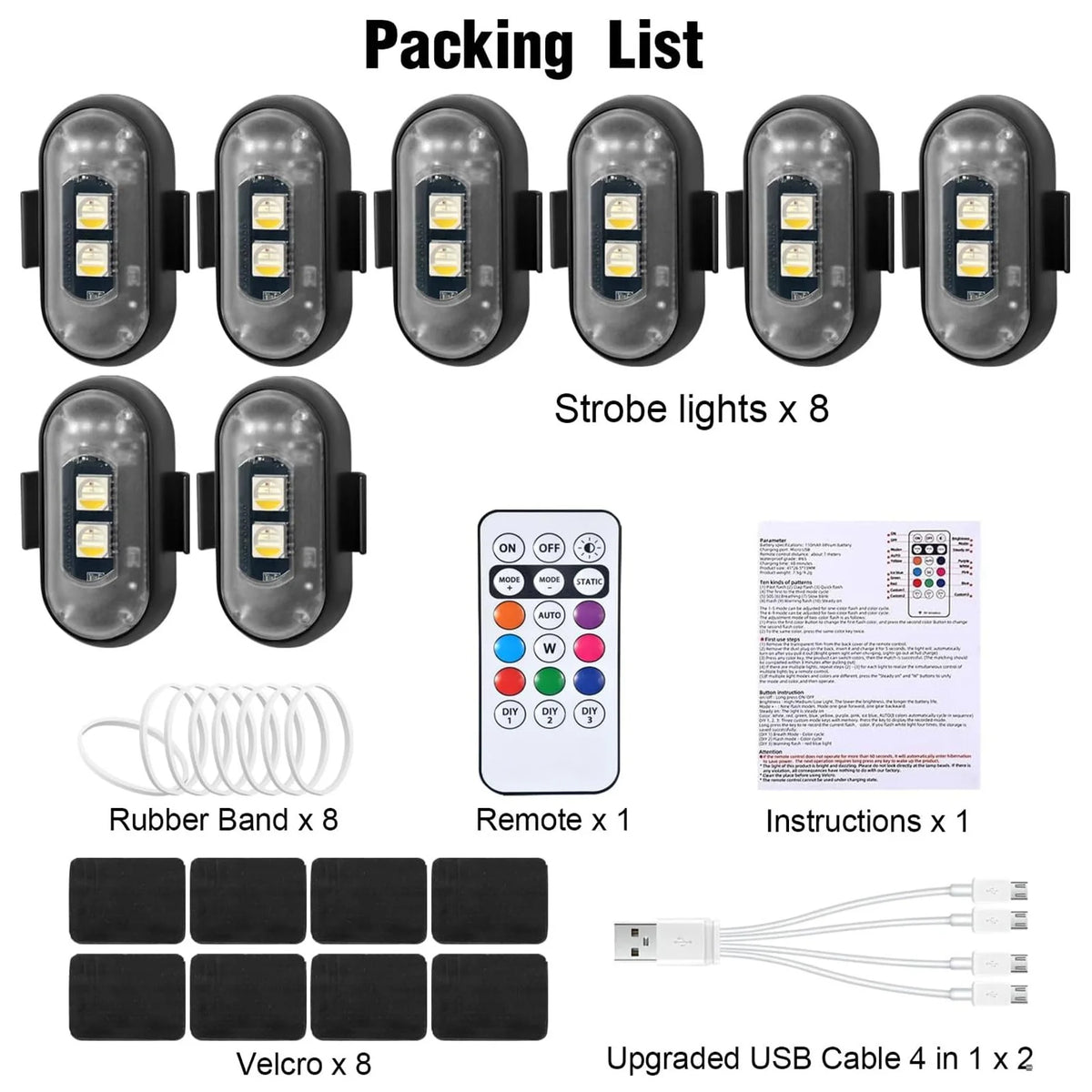 Packing list showing strobe lights, rubber band, velcro, remote, and an upgraded USB cable.