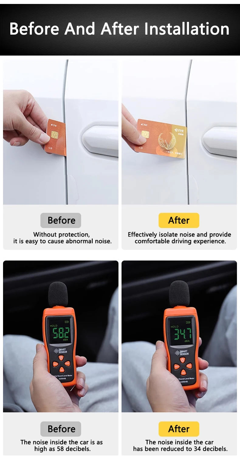 Before and after installation comparison showing noise reduction in a car door using weatherstrip seal strips.
