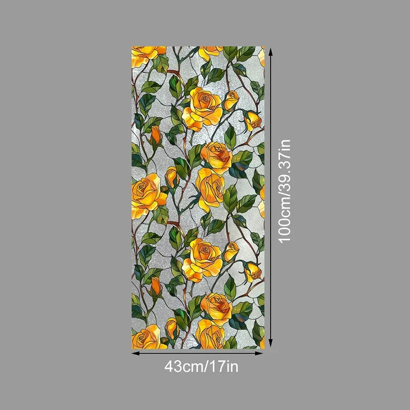 A vertical panel of decorative PVC stained glass window film featuring yellow roses and green foliage on a gray background.