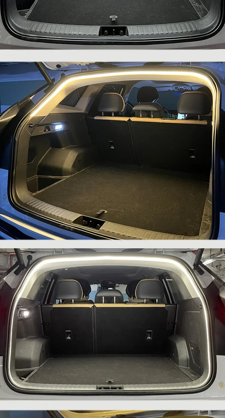 Vue intérieure du coffre d'une voiture avec une bande lumineuse LED éclairant l'espace de rangement.
