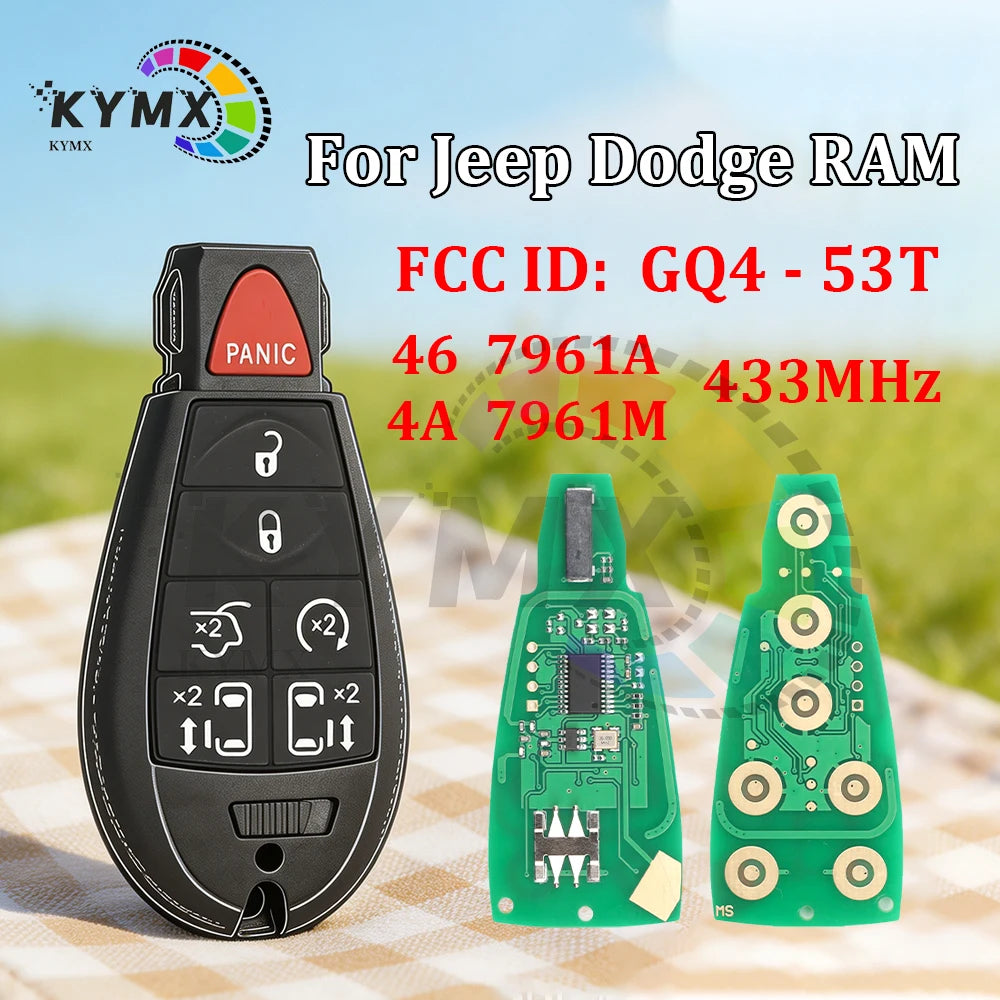 A black smart remote key fob for Jeep Dodge RAM vehicles, shown alongside its circuit board components.