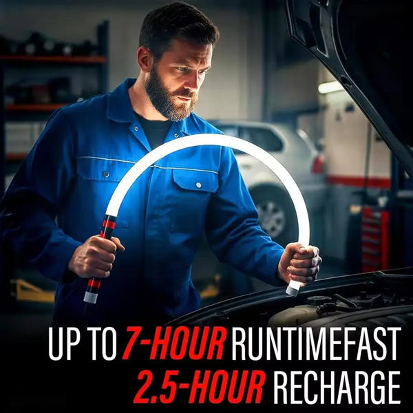 A man holds a white LED flashlight stick, demonstrating its use for a fast recharge.