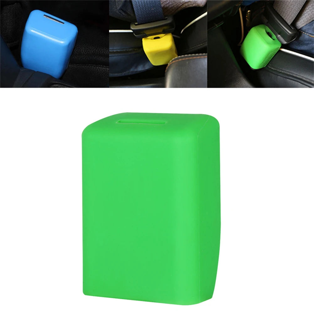 A bright green silicone seat belt buckle cover shown in a vertical view.