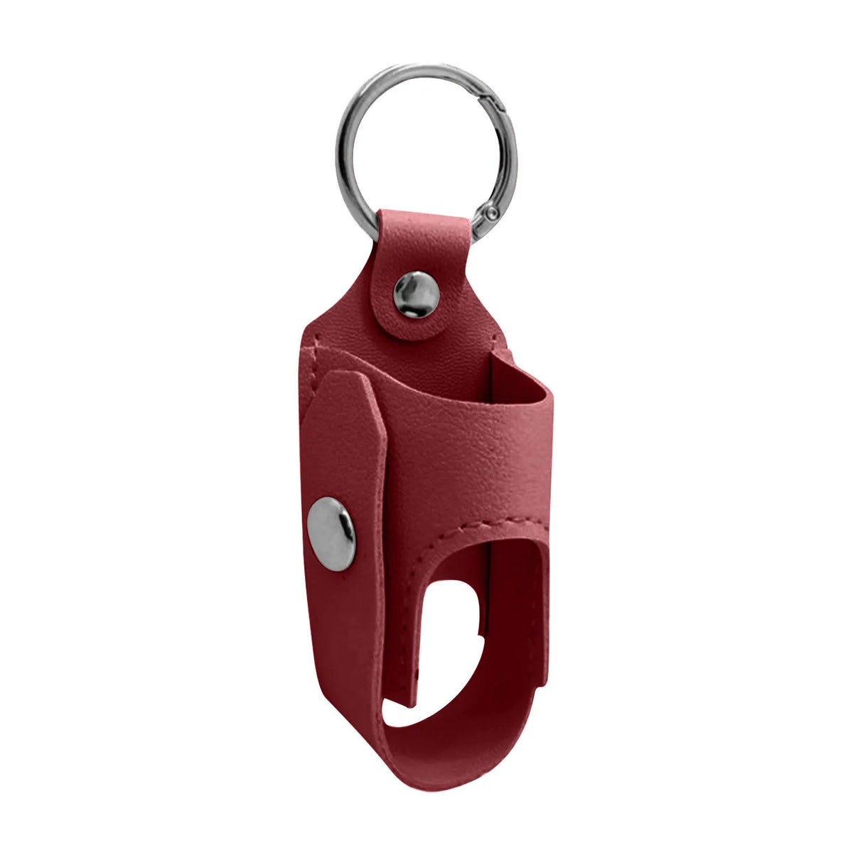 A reddish-brown leather storage case for a portable inhaler with a metal keychain ring.