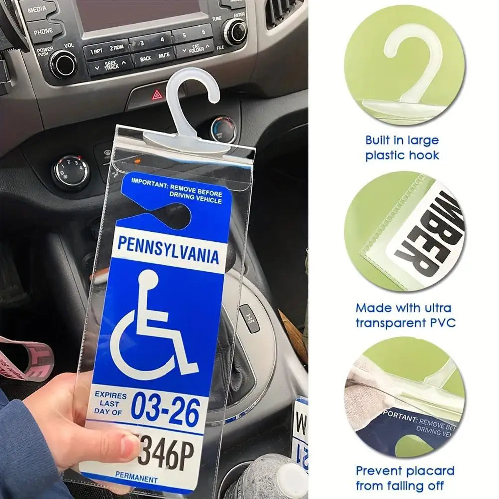 A clear plastic parking permit holder with a hook is shown in a car interior.