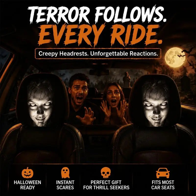 Imagen oscura e intensa de personas en asientos de coche con fundas de cabezal temáticas de terror y elementos de Halloween.