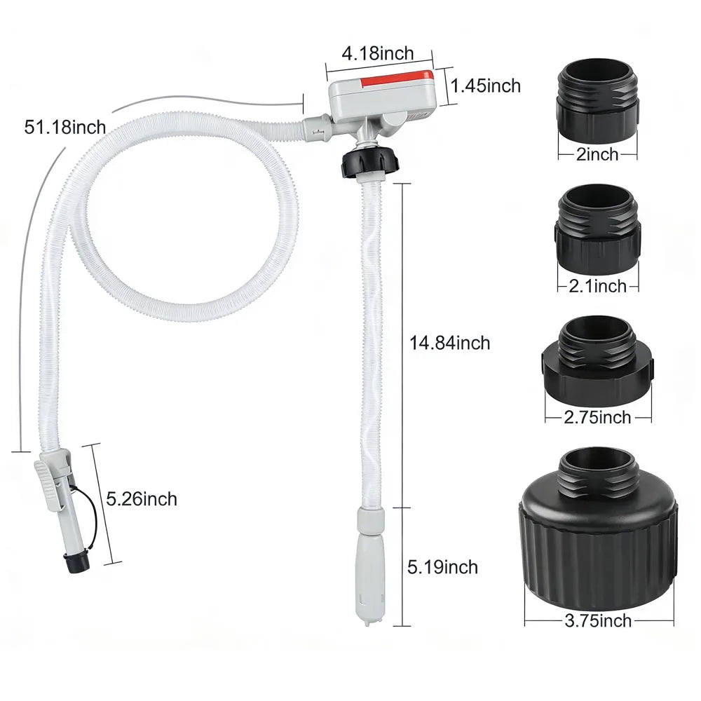 A white portable auto-stop fuel transfer pump with various tubing and components shown.