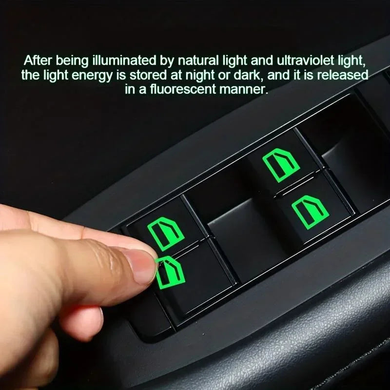 A hand presses a green luminous button on a black car window decal.