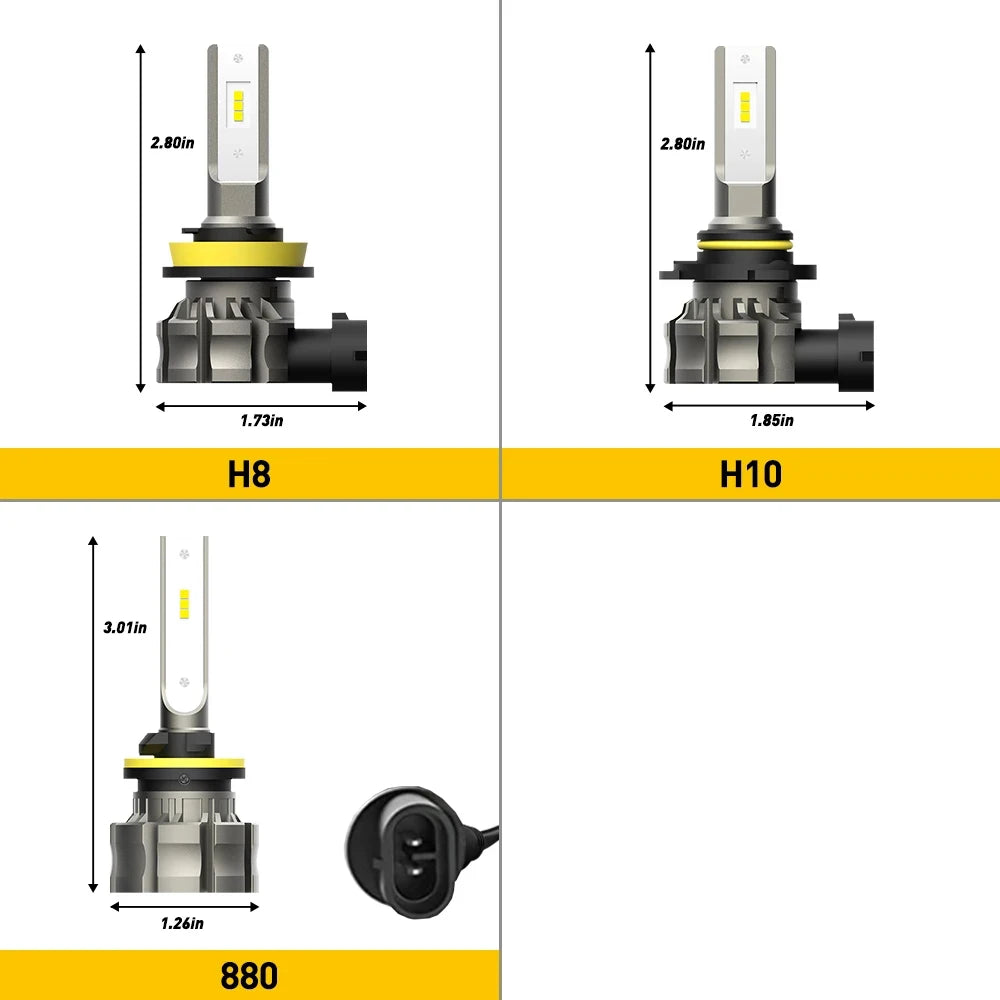 Two versions of high-performance LED car fog lights, H8 and H10, shown with various dimensions.