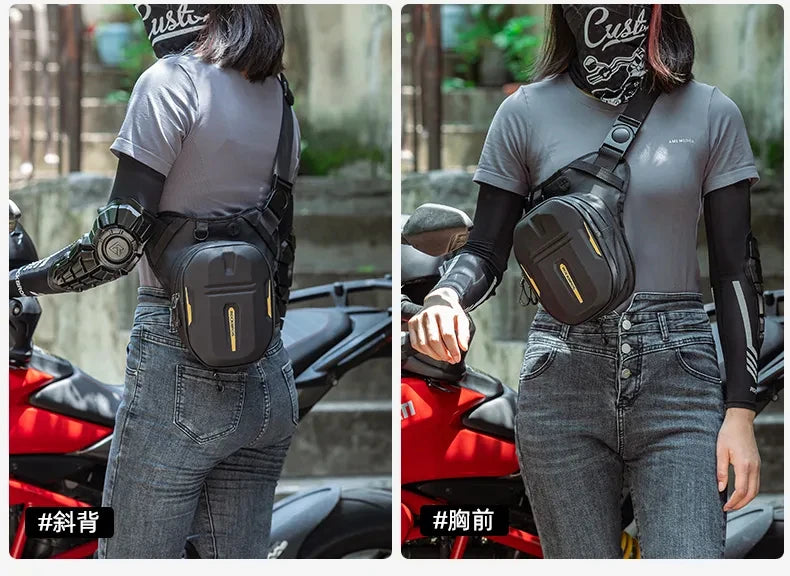 A woman wearing a gray shirt and jeans is carrying a black waterproof motorcycle fanny pack on her torso.
