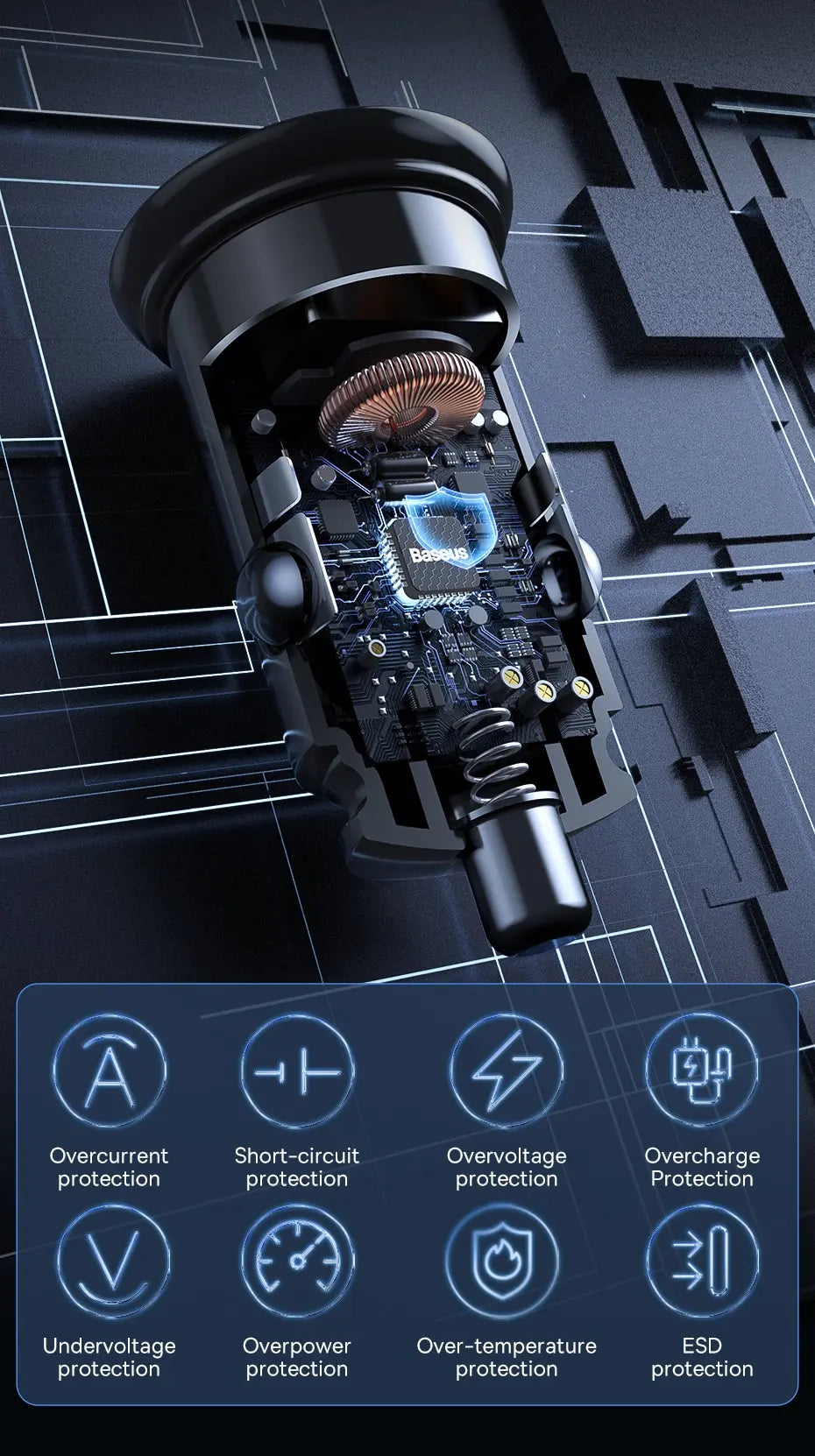 A close-up view of a black electronic module with visible circuitry and protection features for a car charger.