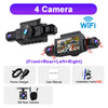 A black 4 camera WiFi dash cam system with various accessories including a power charger, user manual, installation tools, an