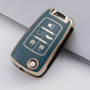 A teal TPU key fob case with gold accents showing various key shapes.