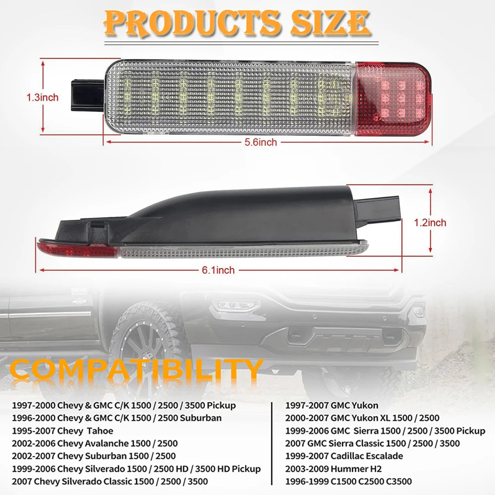 Diagrams showing the size and compatibility of universal LED interior door panel lights for various GMC and Chevy vehicles.