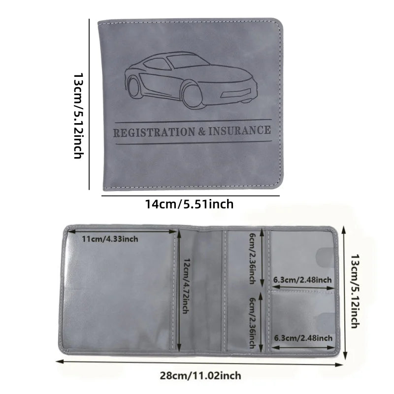 A gray PU leather document organizer featuring a registration and insurance card holder and multiple slots for documents.