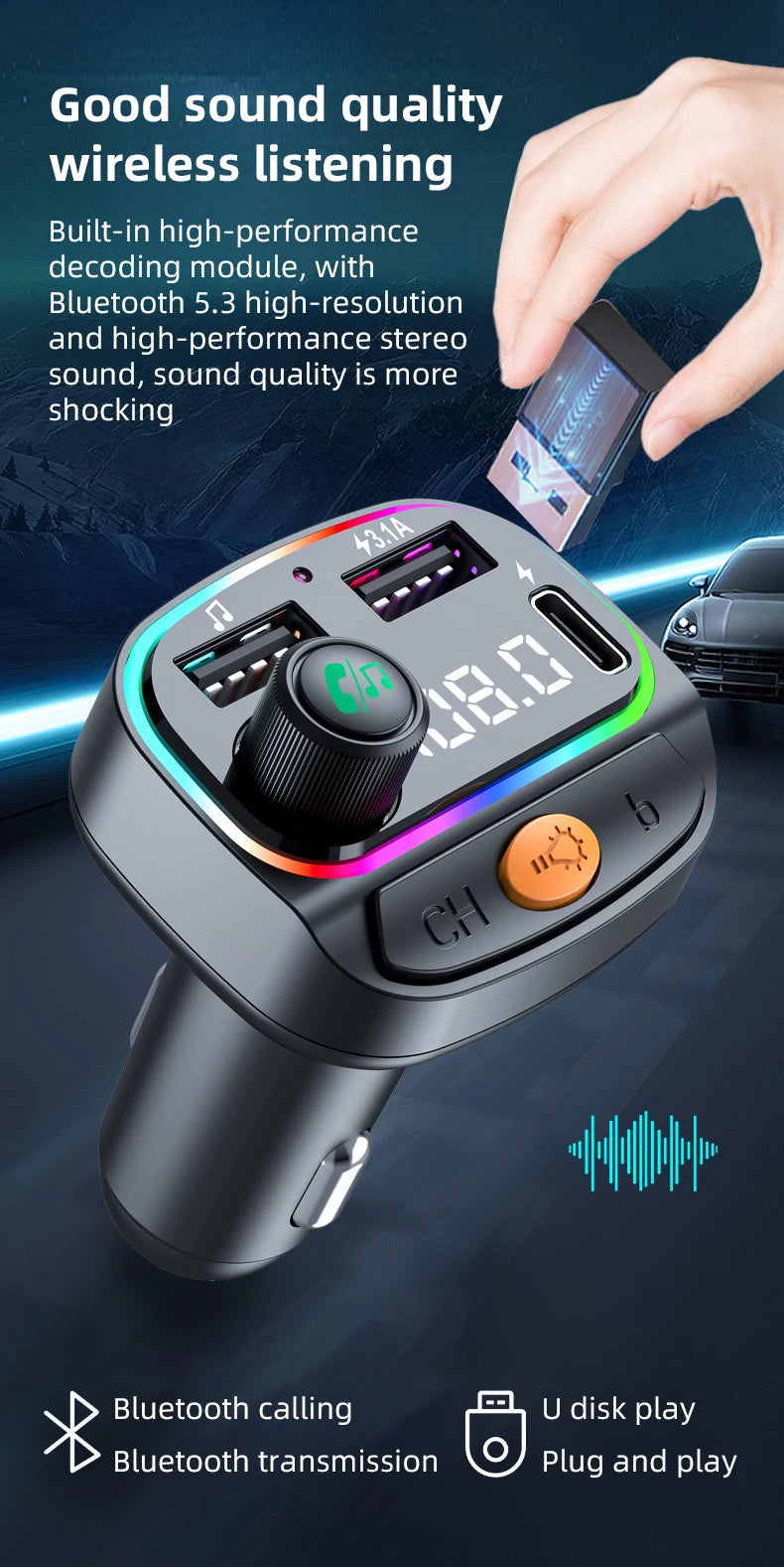 Schwarzes Auto Bluetooth-FM-Sendergerät, das eine Hand hält und seine Funktionen für drahtlose Wiedergabe hervorhebt