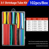 A box of 3:1 shrinkage tube kit containing various colored heat shrink tubing for electrical insulation.