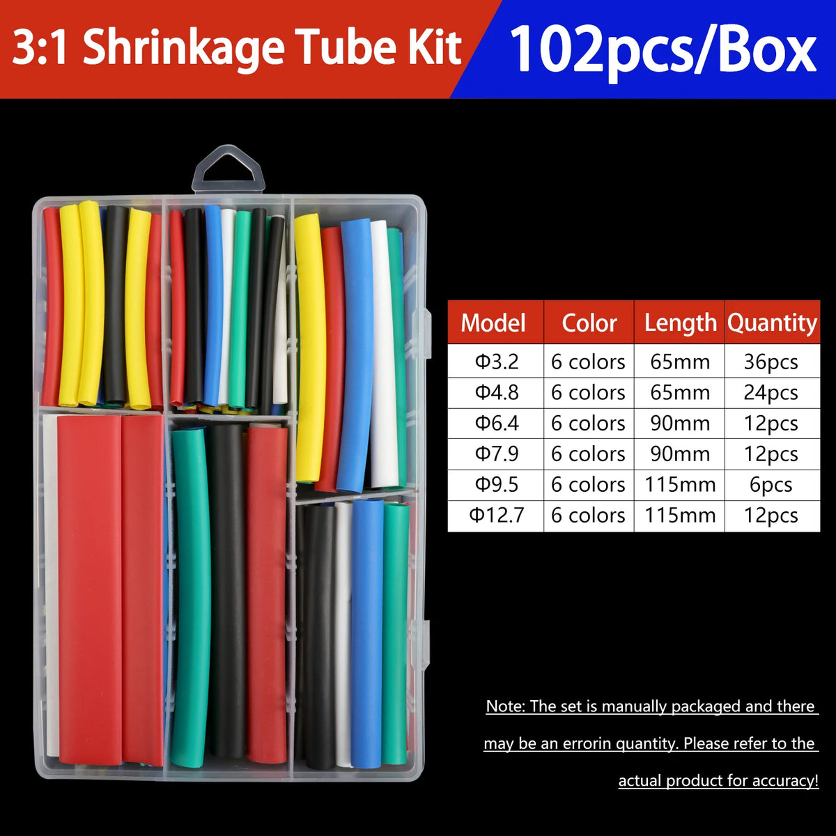 A box of 3:1 shrinkage tube kit containing various colored heat shrink tubing for electrical insulation.