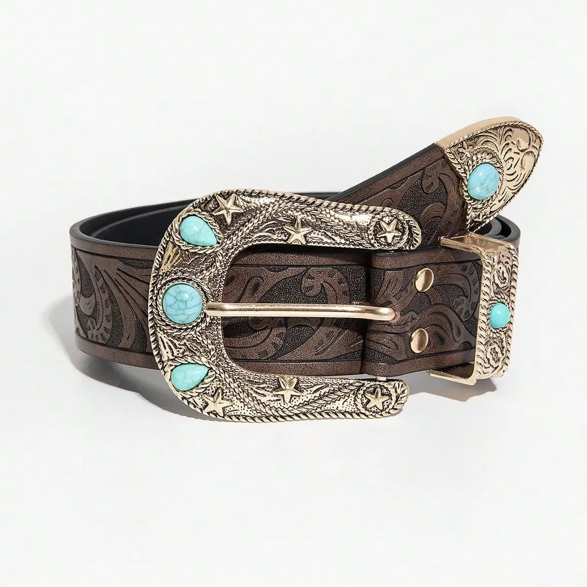 A vintage western PU leather belt featuring gold-toned hardware and turquoise stones.