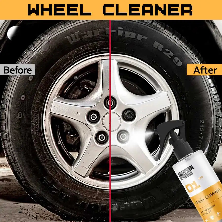 Before and after comparison of a wheel cleaner on an automotive wheel rim.