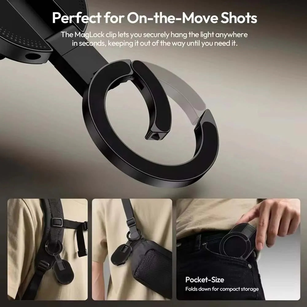 A black magnetic clip phone holder is shown being attached to a strap and folded down for compact storage.