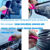 A pink multipurpose ppf transparent auto protective film scraper being used on a car window and interior surface.