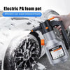 A hand is using an electric foam pot sprayer to apply blizzard foam on a car wheel.