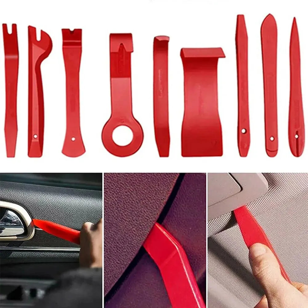 A set of red professional tools for car door repair and alignment, including various plastic and metal components.