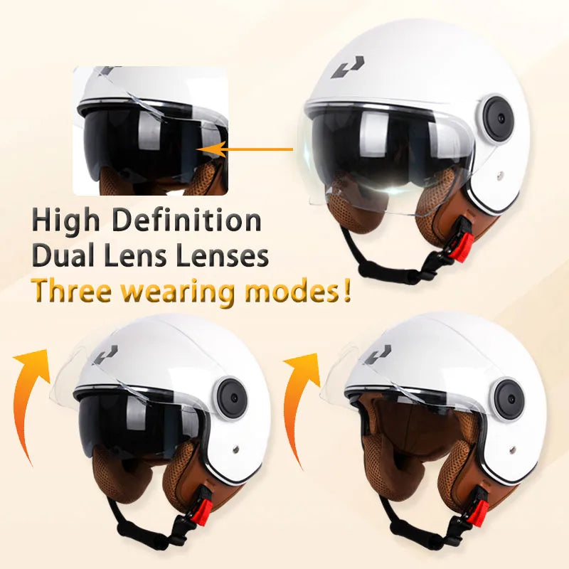 Weißer Motorradhelm mit Doppel-Linsen-Funktion und brauner Polsterung in verschiedenen Tragepositionen.