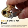 A hand holds a brass air chuck adapter designed for quick, secure connection to standard Schrader valves.