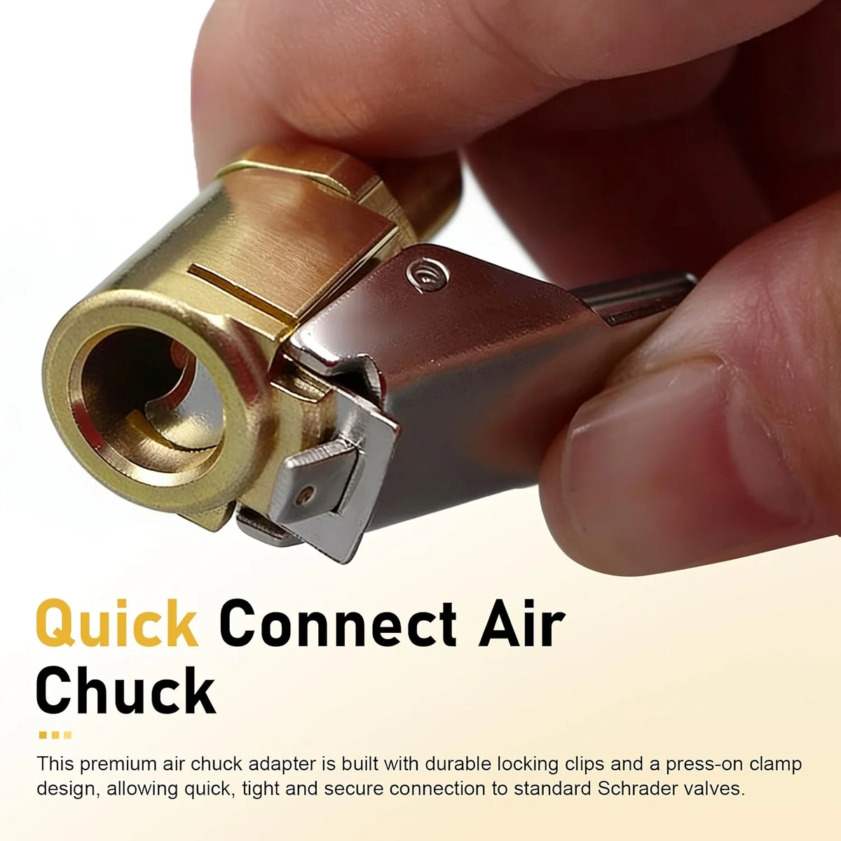 A hand holds a brass air chuck adapter designed for quick, secure connection to standard Schrader valves.