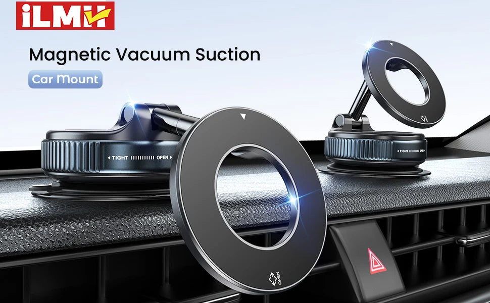A black magnetic vacuum suction car mount phone holder is shown on a dark surface.