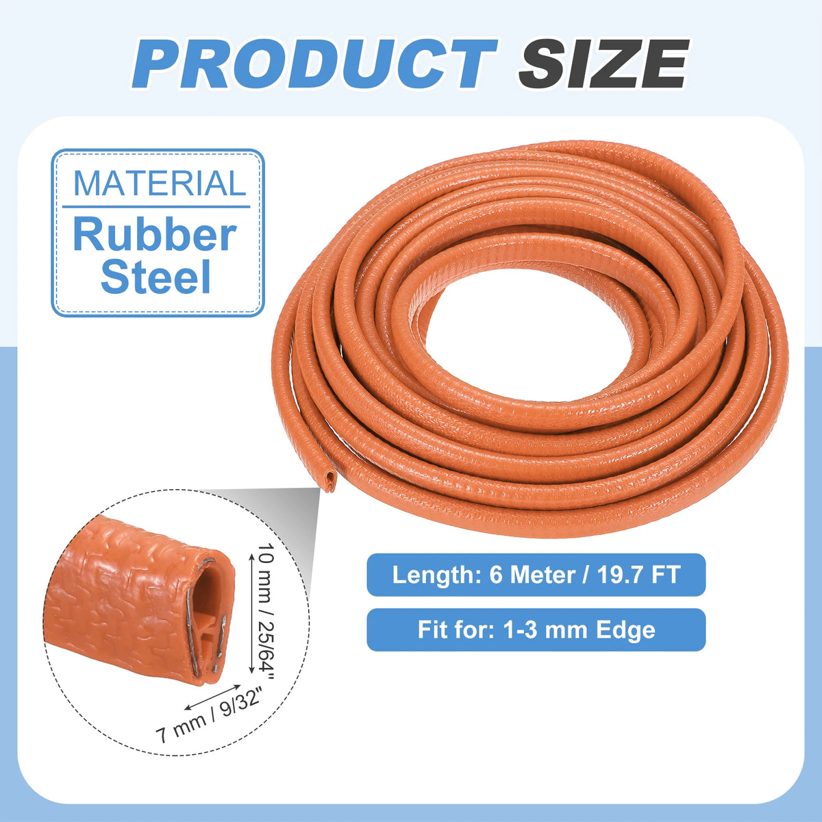 Una bobina de chapa de acero de goma naranja con especificaciones de longitud y ajuste.
