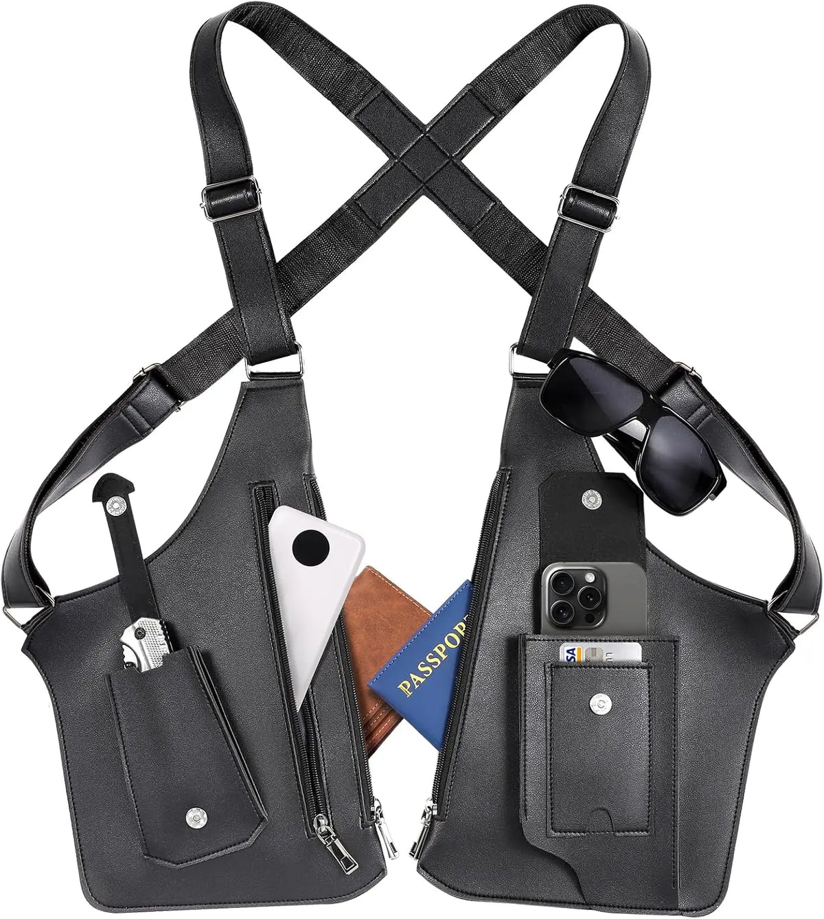 A black tactical double shoulder crossbody bag with adjustable straps and a zippered compartment.