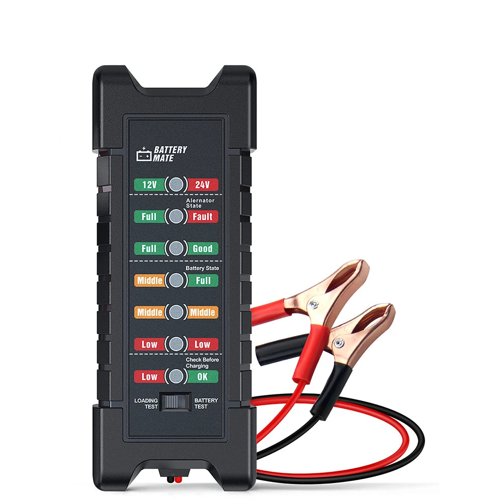 A black battery tester device with multiple test indicators and red cables for checking car batteries.
