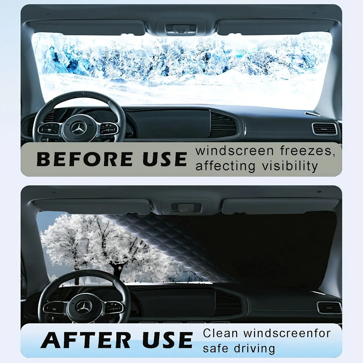 Before and after images showing a magnetic anti-frost windshield sunshade for improved visibility.
