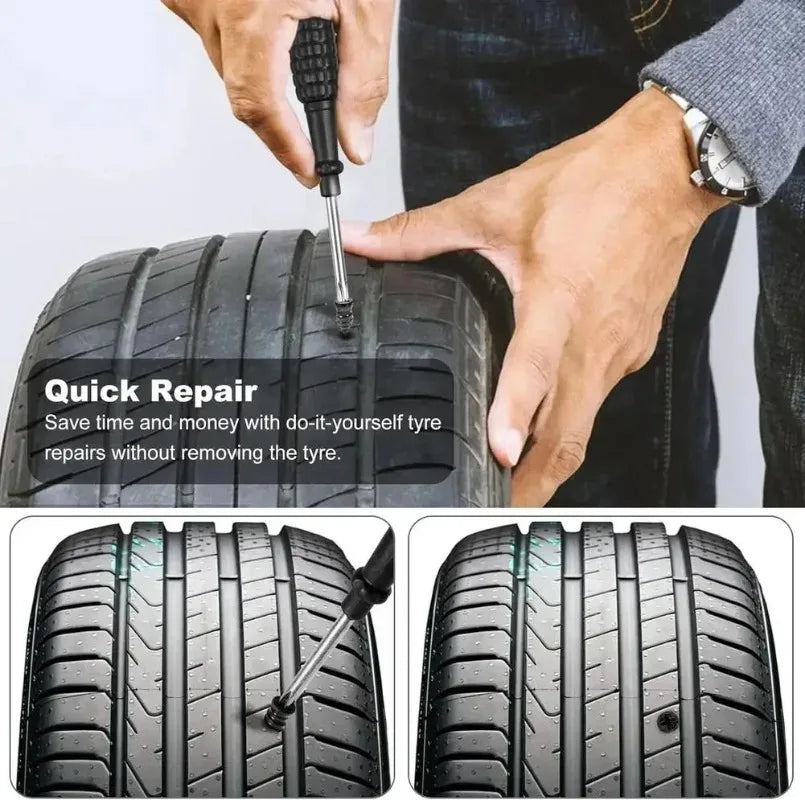 A hand uses a tool to perform a quick repair on a car tire, demonstrating the use of a universal tire repair kit.
