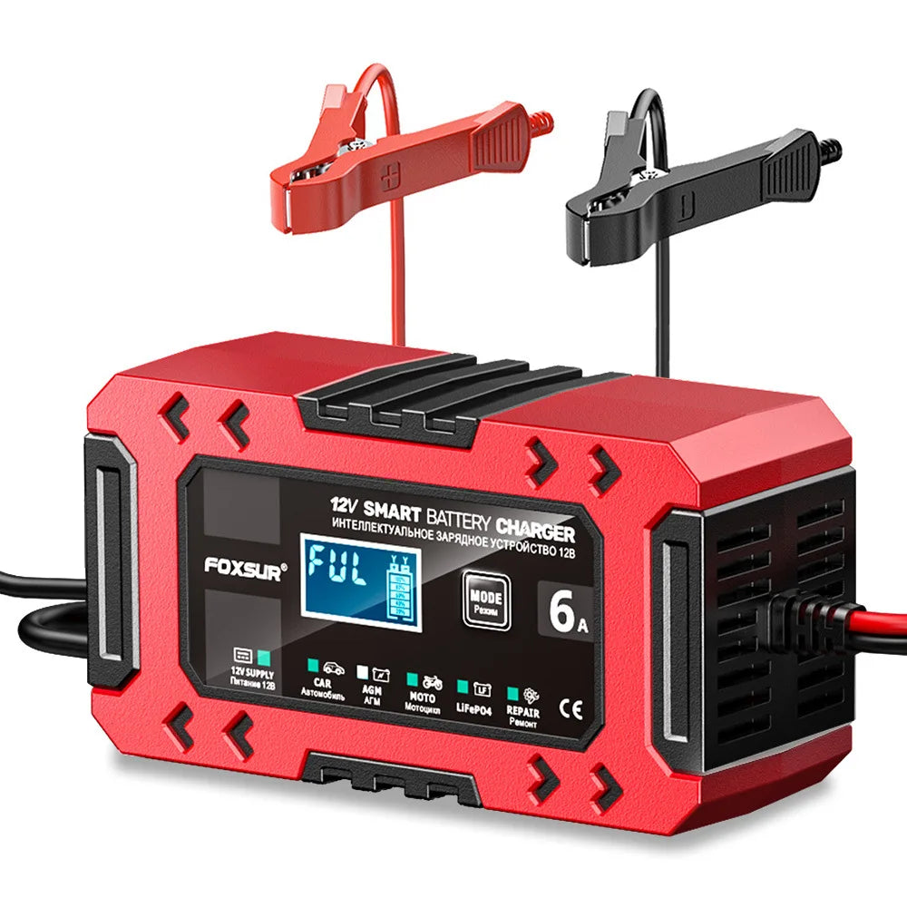 A red and black Foxsur 12V smart battery charger unit with two charging probes.