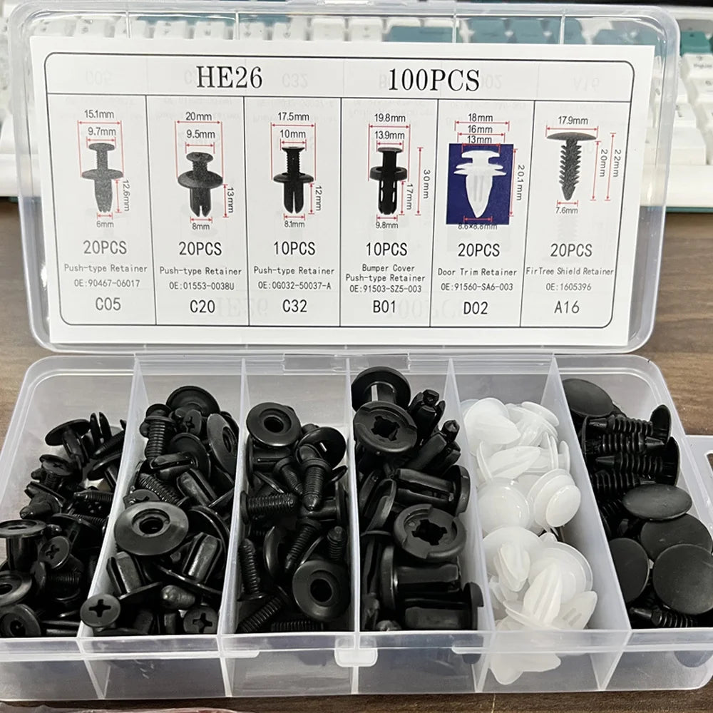 A clear plastic box showing various sizes of auto fastener clips and retainers for trim and body repair
