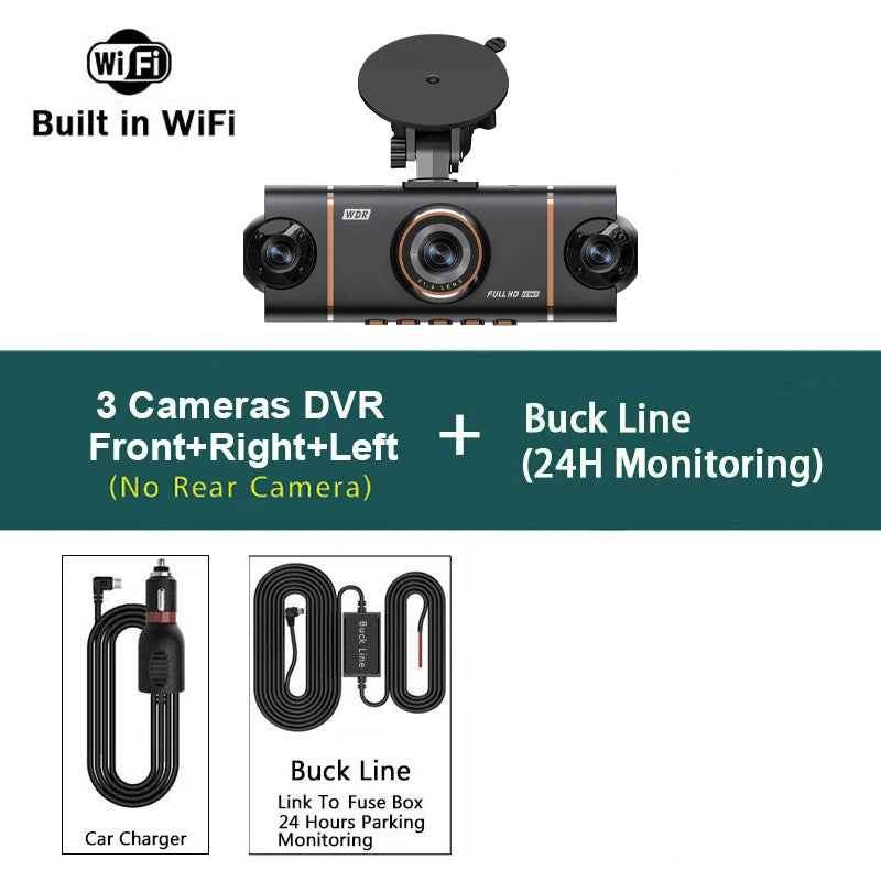 Caméra dashcam noire avec caméra avant et arrière, fonctionnalités DVR, WiFi intégré et ligne pour moniteur 24h