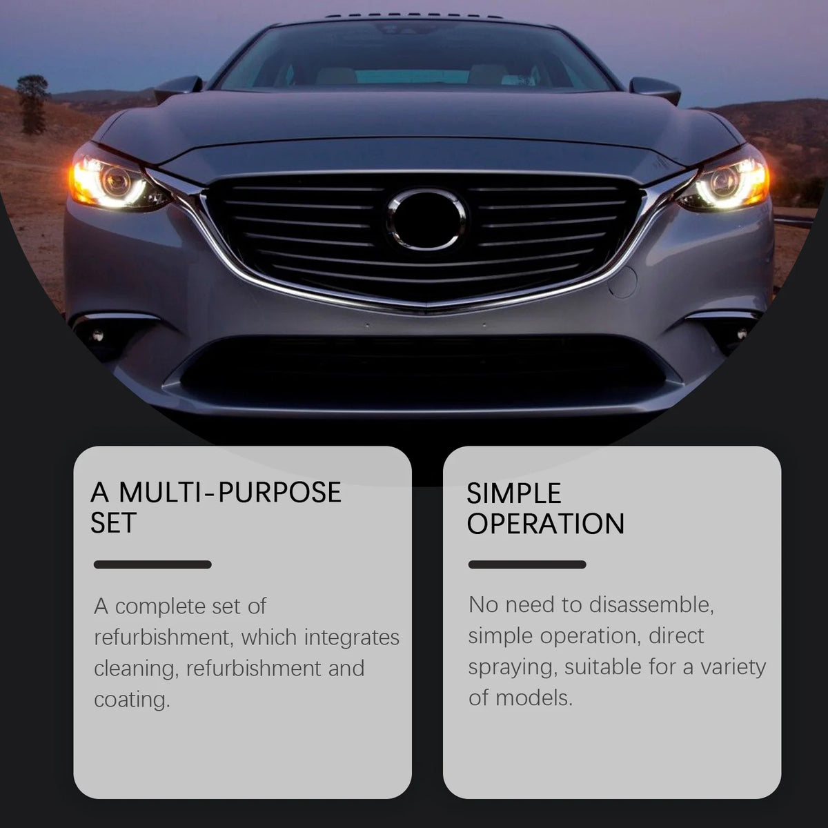 A close-up of a dark gray Mercedes-Benz headlight with an installed restoration kit for cleaning and coating.