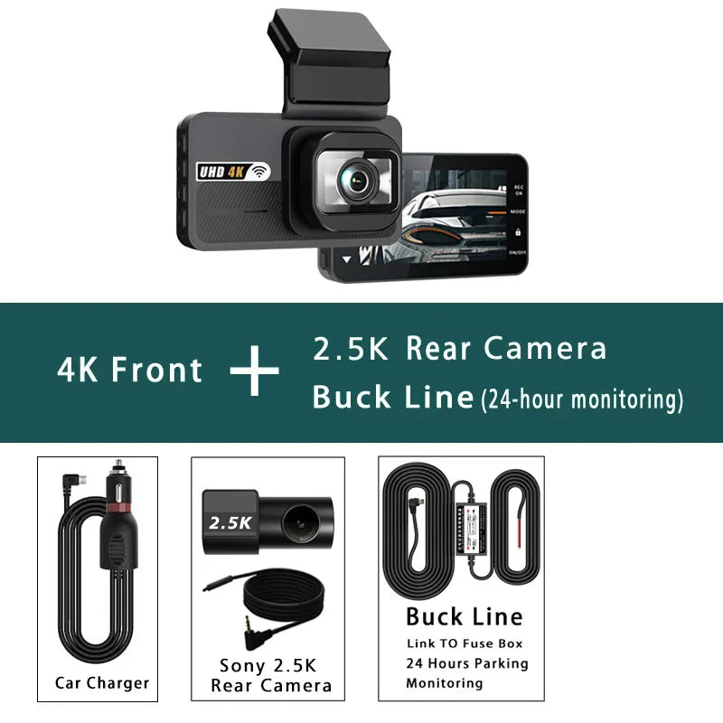 A 4K dash cam setup showing a front camera and a rear camera with a dedicated back line for 24-hour monitoring.