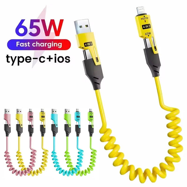 A yellow and black 65W type-c to ios fast charging cable with a coiled spring design.