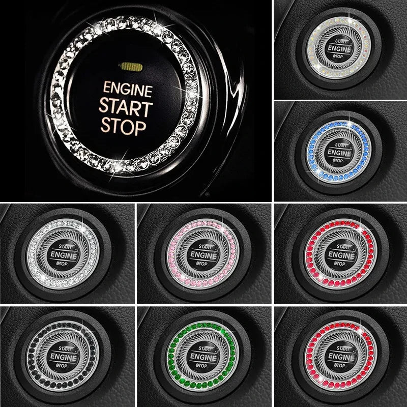 Close-up view of various decorative ignition start stop buttons with different colored accents.