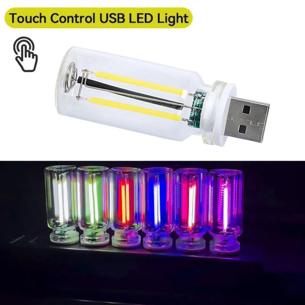 A clear USB LED light strip with a touch control feature, shown next to multiple illuminated tubes.