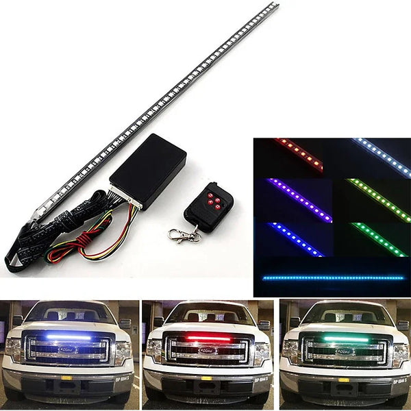 High-intensity RGB strobe light strip for vehicle safety, featuring a flexible LED bar and mounting hardware.